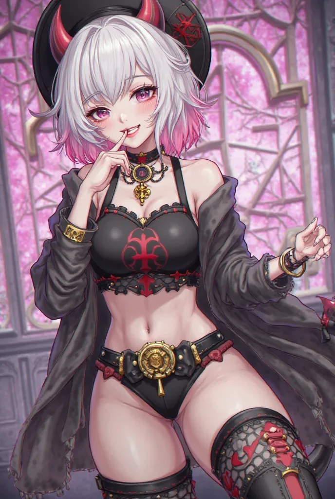 1girl, (( Lucy from cyberpunk)) solo, Gothic, demon tail, demon small horns , fishnets, underwear, choker, cute smile, breasts, crop_top, panties, short_hair, thighhighs, jewelry, pink white_hair, garter_belt, thick_thighs, thighs, boots, white and pink_ha...