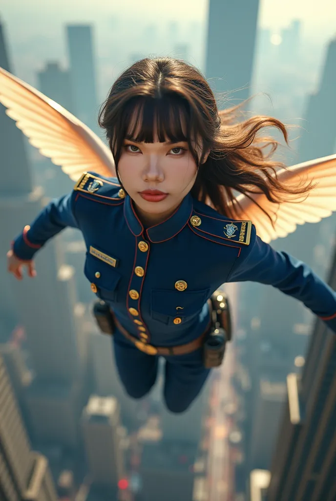 Help me paint the person in the photo in the style of a flying little policewoman.