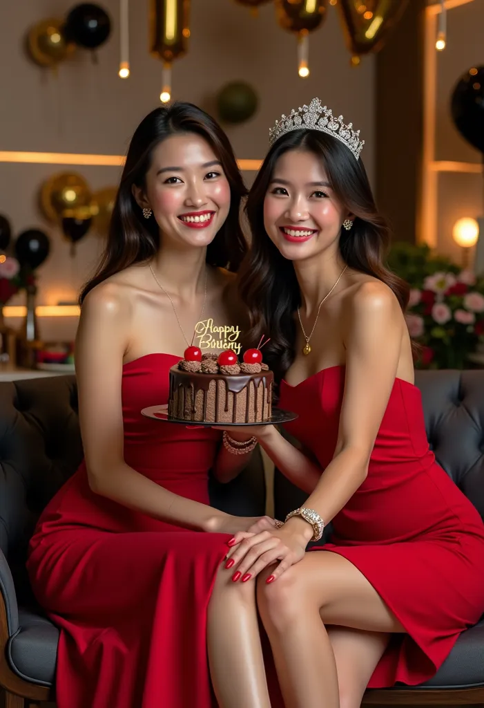 Realistic full body photograph of two beautiful women, pretty and smiling women are sitting on chairs in front of a table where there are a lot of gifts and similar things on the table . She wears an elegant red dress with bare shoulders, and black high he...