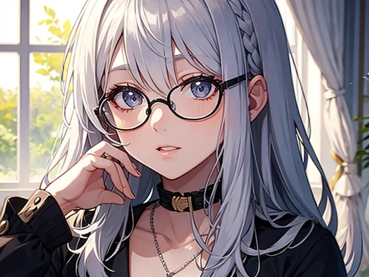 Woman with silver hair and glasses