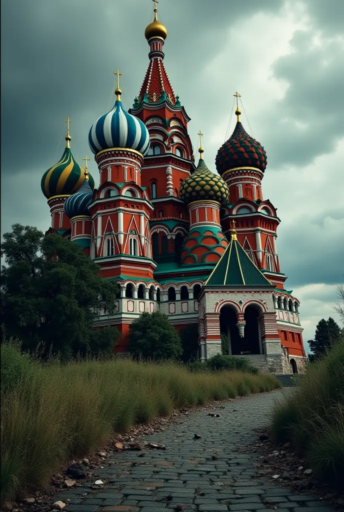 A highly detailed and realistic post-apocalyptic depiction of Saint Basil's Cathedral in Moscow. The once-iconic landmark now stands in ruins, with crumbling brick walls, overgrown vegetation, and scattered debris covering the surroundings. The cathedral's...