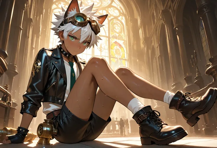 1boy, young male, brown skin, cat ears, sweat, shorts, leather jacket, white shirt, necktie, fingerless grove, shoes, goggles on head, collar, sunshine, short hair, spiked hair, silver hair, green eyes, cinematic lighting, masterpiece, best quality, lookin...