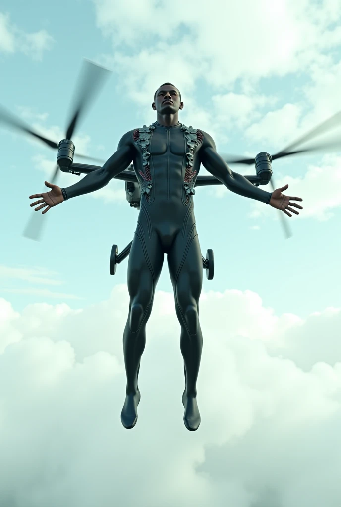 A black man dressed up as a helicopter flying in the sky