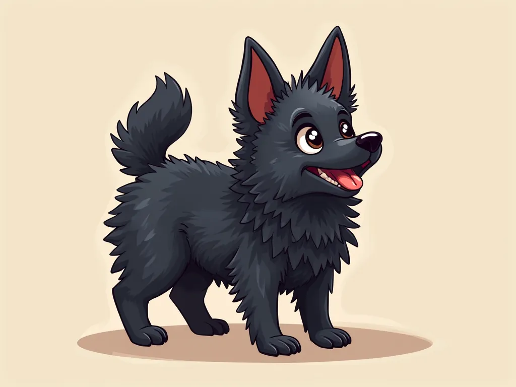 A schipperke with coloured hairs 
 very black with a little less hair at the play level cartoon effect