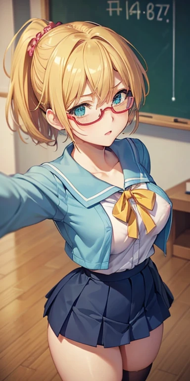     1 female,High Definition,dementia,       Ultra-realistic       ,8K,Rebeca Hawkins     ,     green eyes    , blond hair, short hair, choke, blows,  twin ponytail clothing,    collectors   , glasses,   school uniform, sailor collar,    blue jacket, blue ...