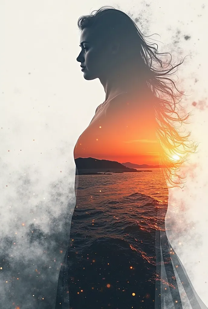 High quality, 8K Ultra HD, Beautiful double exposure combining the silhouette of a goddess and a sunset coast, The sunset coast should be the background, with its details merging into the goddess, Clear lines, Monochrome background, Sharp focus, Double exp...