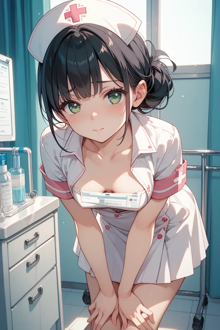  black hair、Emerald Green Eyes、 small breasts、Skirt、shy face、 chest flyer 、bending forward、nurse、hospital