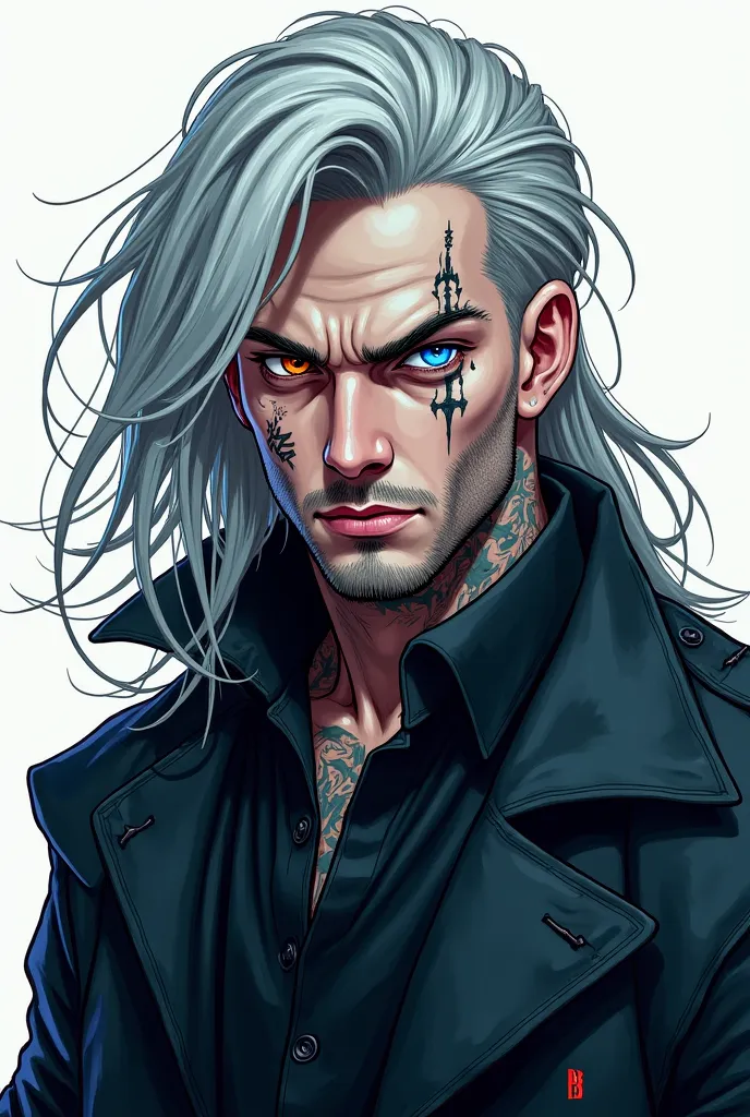 Tall, tattooed white man wearing only a dark coat, long hair, terrifying gaze, different colored eyes, orange in one eye and sparkling blue in the other, 
intimidating appearance, tattoo around one eye and a mark on the other eye. drawing anime style
man 3...