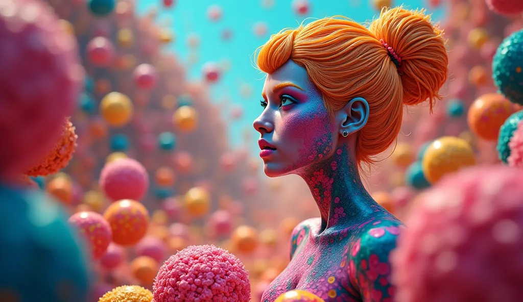 Create a Surrealism, Colourful chocolate, A surreal image, unusual views, confused dimensions, Bright Tone, mystical art,  high-quality illustration , 8k,  Masterpiece, Pretty ultra girl in bright color set, eccentric pattern coloring, mold-like skin, has ...