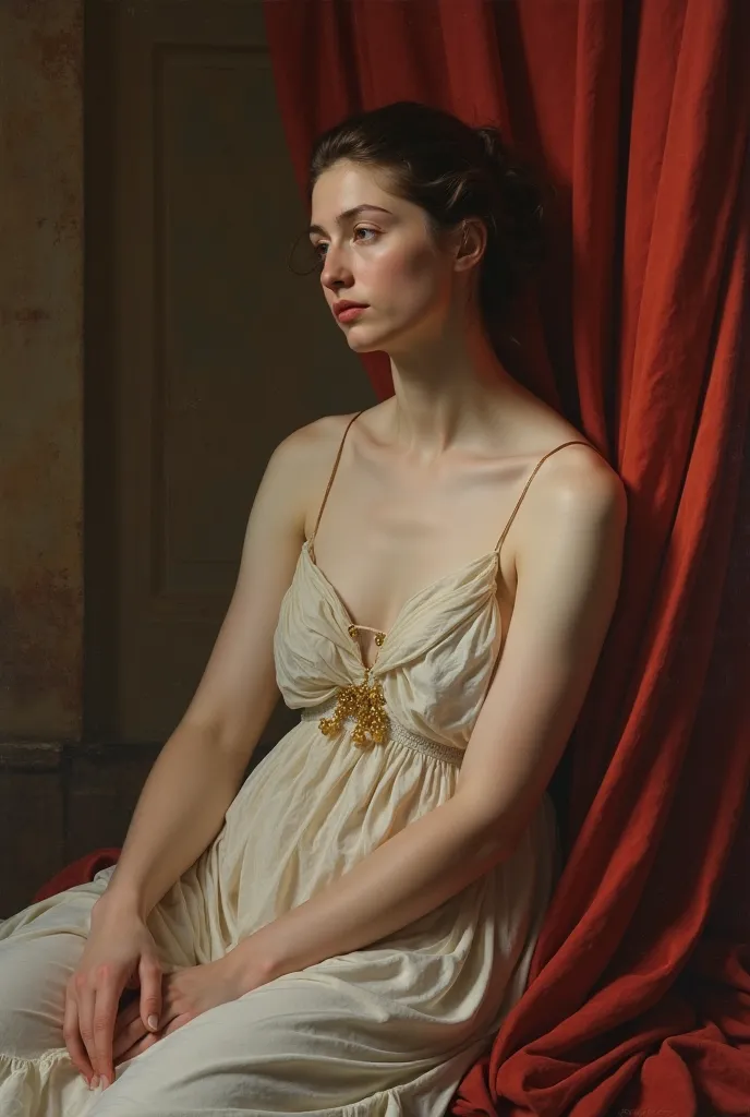 A woman sits in quiet repose, draped in the delicate fabric of a neoclassical dream. Her skin, pale and luminous, contrasts against the deep folds of crimson cloth cascading beside her—an unspoken tension between restraint and abandon. The weight of contem...