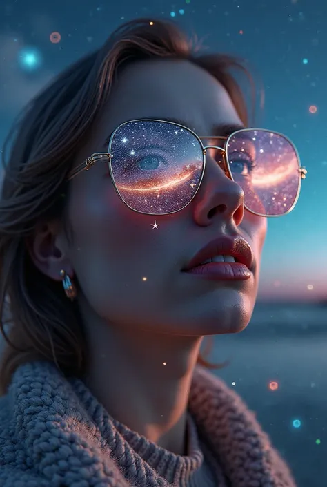 a person wearing glass sunglasses with stars and the moon on the glass, detailed facial features, photorealistic, 8K, HDR, physically-based rendering, realistic, vivid colors, dramatic lighting, surreal landscape, fantasy atmosphere, cosmic elements, dream...