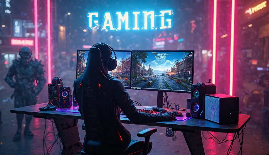 A high-quality banner for 'Gaming Skki' showcasing an immersive gaming setup with neon lighting in shades of blue, purple, and red. A futuristic gaming desk with dual monitors displaying an intense Free Fire match should be featured. Include a professional...