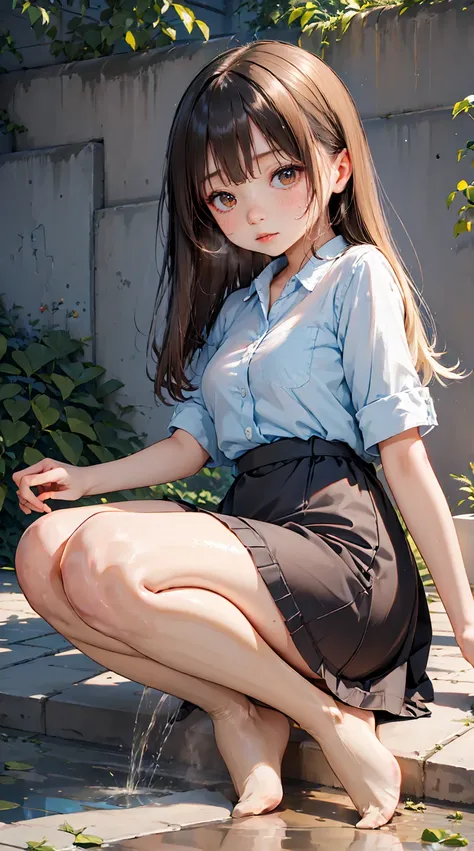 (urination:1.4),(is embarrassing:1.2) tall adult women ,excellent style,office lady,OL,black miniskirt, bare feet,pantyhose,long hair,long hair,sweaty, pee themselves, Wetting clothes,  The desperation to pee myself , urination切迫ポーズ,  her body can't hold u...