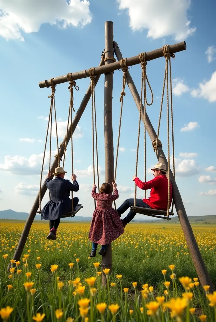 Around the spring landscape in the center ren in costumes are riding on a Kazakh swing altybakan(For it, 6 poles, a strong crossbar, and 3 thick lassos are used. The poles are tied in threes, like a tripod.) but half of the picture has a darker bottom wher...