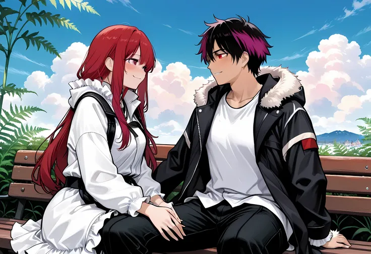 nimedXLjm, masterpiece, best quality, sharp details, sousou no frieren, 1girl, 1boy, red hair, purple hair, purple eyes, long hair, looking at another, multicolored hair, blunt bangs, two-tone hair, short hair, blush, black hair, red eyes, straight hair, s...