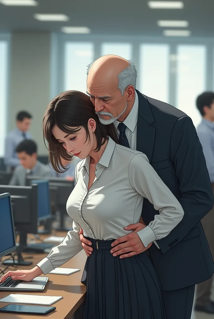 (Masterpiece:1.4), (best quality:1.4), (very detailed:1.33), (   very detailed face), (    super detailed ),(1 Japanese old man, 1 Japanese girl, (girl wear white linin formal office blouse, a skirt and belt, ),(  middle-aged gentleman hugging a girl from ...