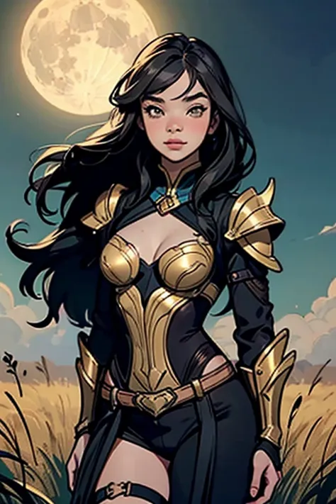 Medieval female warrior princess, (Hailee Steinfeld),ha1leest-smf, beautiful face, form fitting heavy armor(black and gold), athletic physique, exposed thighs, breast plate, short black hair, hazel eyes, cleavage, background open field, beautiful detailed ...