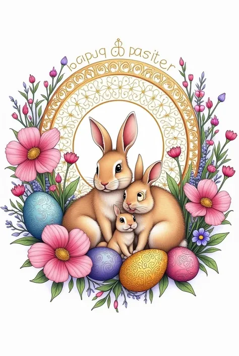 Make an Easter mandala with a family of rabbits, large flowers and patterned eggs as a coloring page