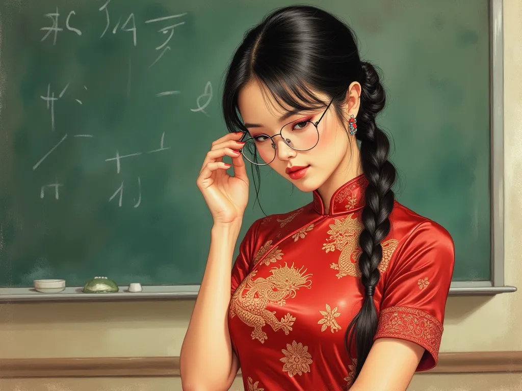 the detailed proportions and textures brushed multicolored and softened with airbrush, a semi-realistic Chinese ink illustration A young and sexy girl type school teacher is shown wearing a traditional Qipao dress (highly detailed full body and shy pose, p...