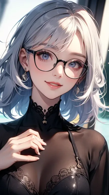 Woman with silver hair and glasses smiling、Does not shine light on hair