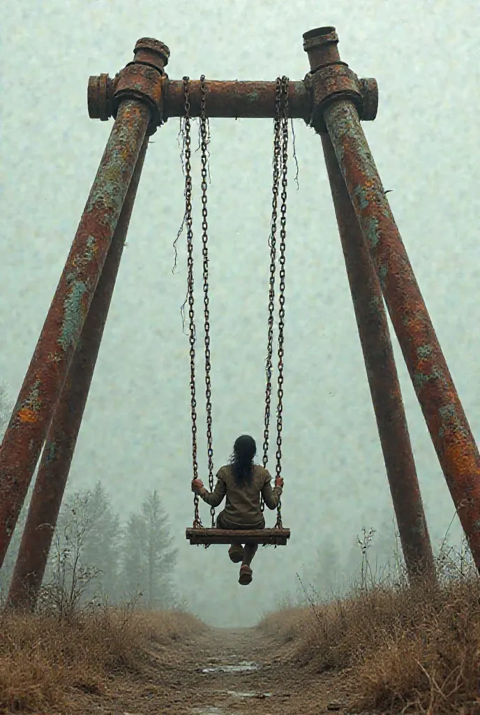 traditional Altybakan swing, but instead of wooden poles, it is supported by rusty iron pipes that are tilted, and it seems as if the structure is about to collapse. ren riding it. One  looks at 