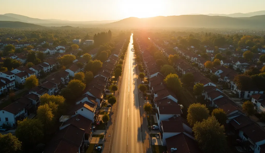 A stunning aerial drone view of a long road leading into a charming small town. The town is clearly visible, with houses, buildings, and streets nestled among trees and rolling hills. The road stretches from the foreground into the heart of the town, creat...