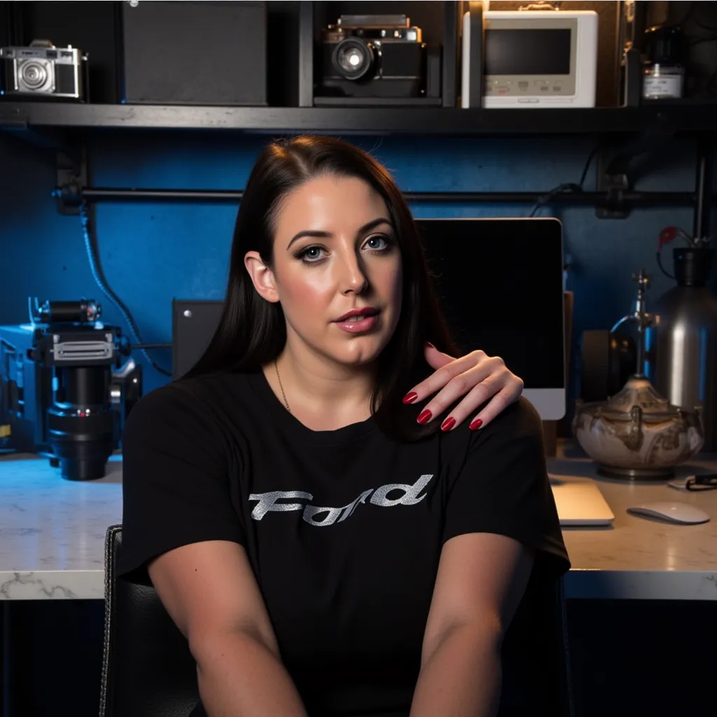  Professional photographic shot of a confident woman with long, sleek black hair, her skin glowing under direct lighting, highlighting her striking features and radiant smile. She is wearing a black t-shirt with a bold "Ford" logo, paired with silver jewel...