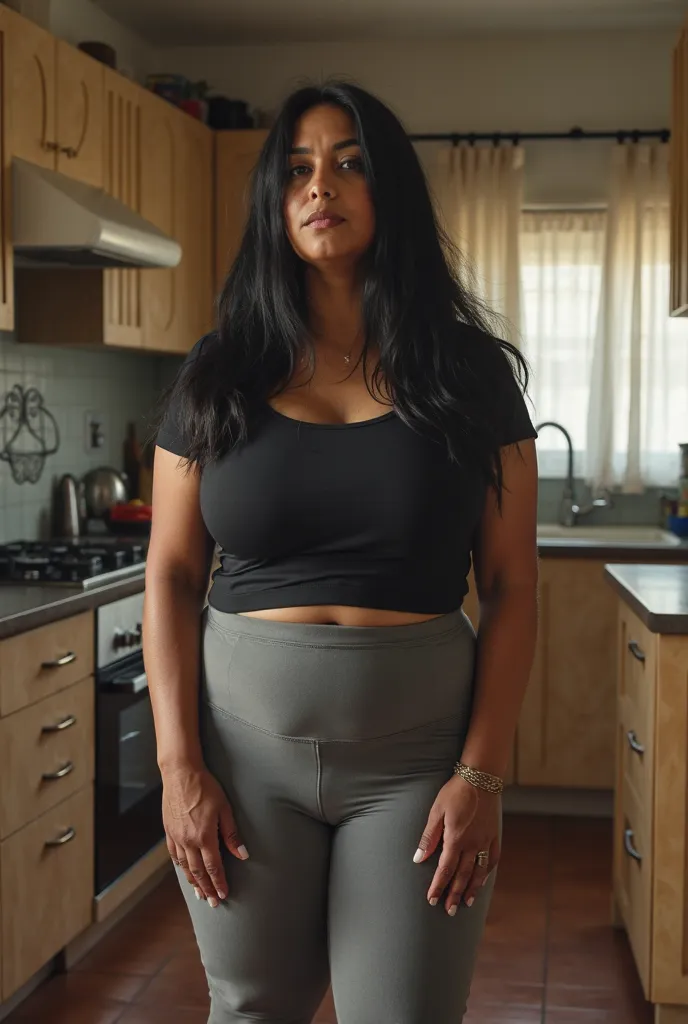 realistic photo-like image ,Body Positive 45-year-old Argentinian woman, Long straight black hair,  average height, very dark skin with wrinkles and lack of collagen due to age without makeup, Saggy huge big boobs, she wears a black hip brand Adidas, melan...