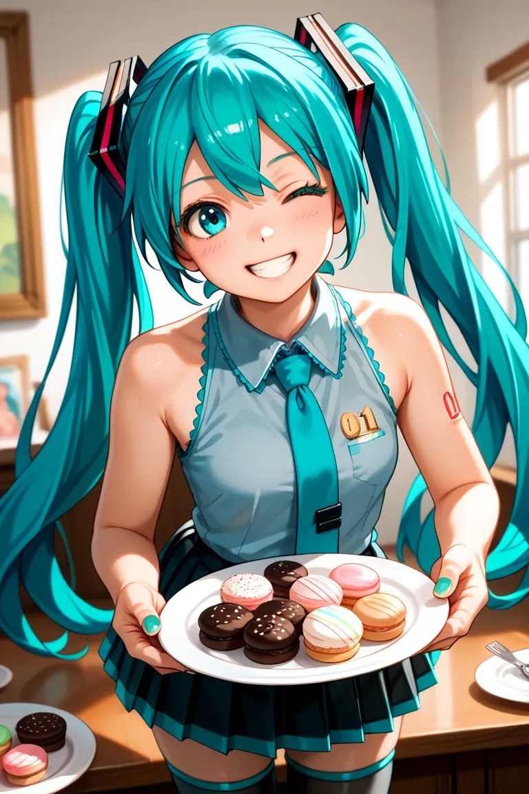 (best quality),(masterpiece), 8k , high resolution, detailed hair , detailed clothes , Alone , girl , Hatsune Miku ,  turquoise hair  , Twin Tails ,  create a perfect body line    ,  exact finger , Light effects    , The blue-green nails  , Drawing an anat...