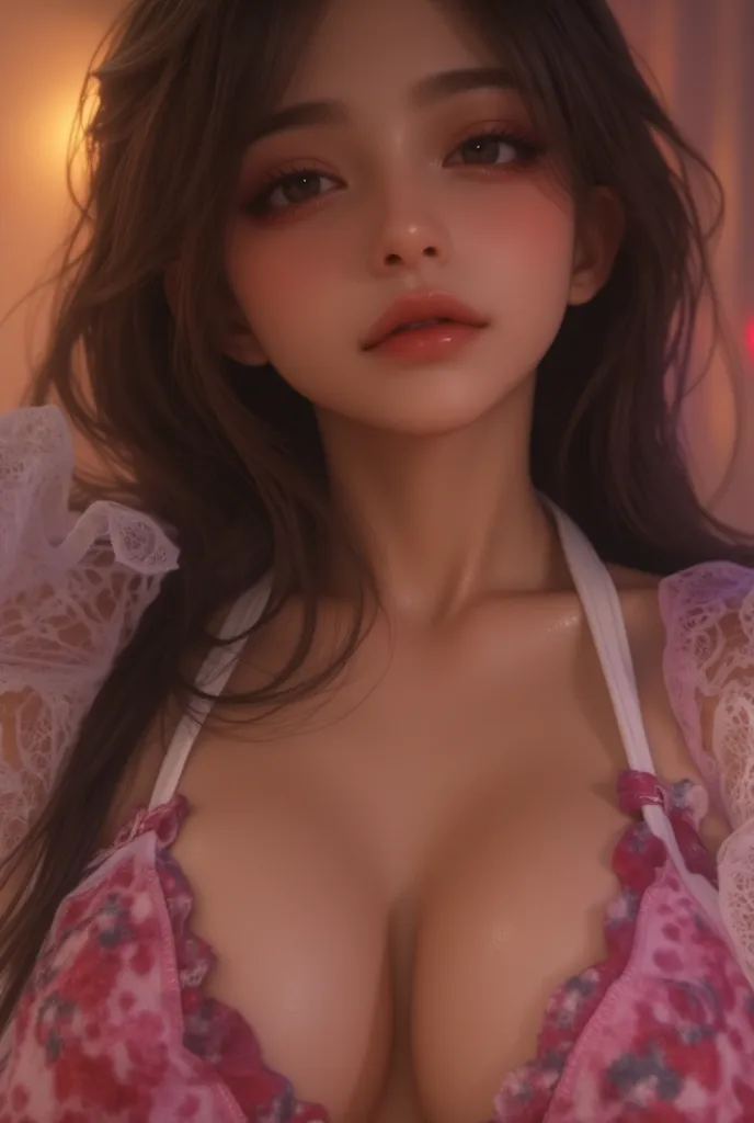 Beautiful woman wearing a micro bikini with long dark hair, (bangs:1.5), long eyelashes, (Big Breasts:1.3), bedroom, soft lighting, masterpiece, top quality, Super Detail, Genuine,  photos, high accuracy