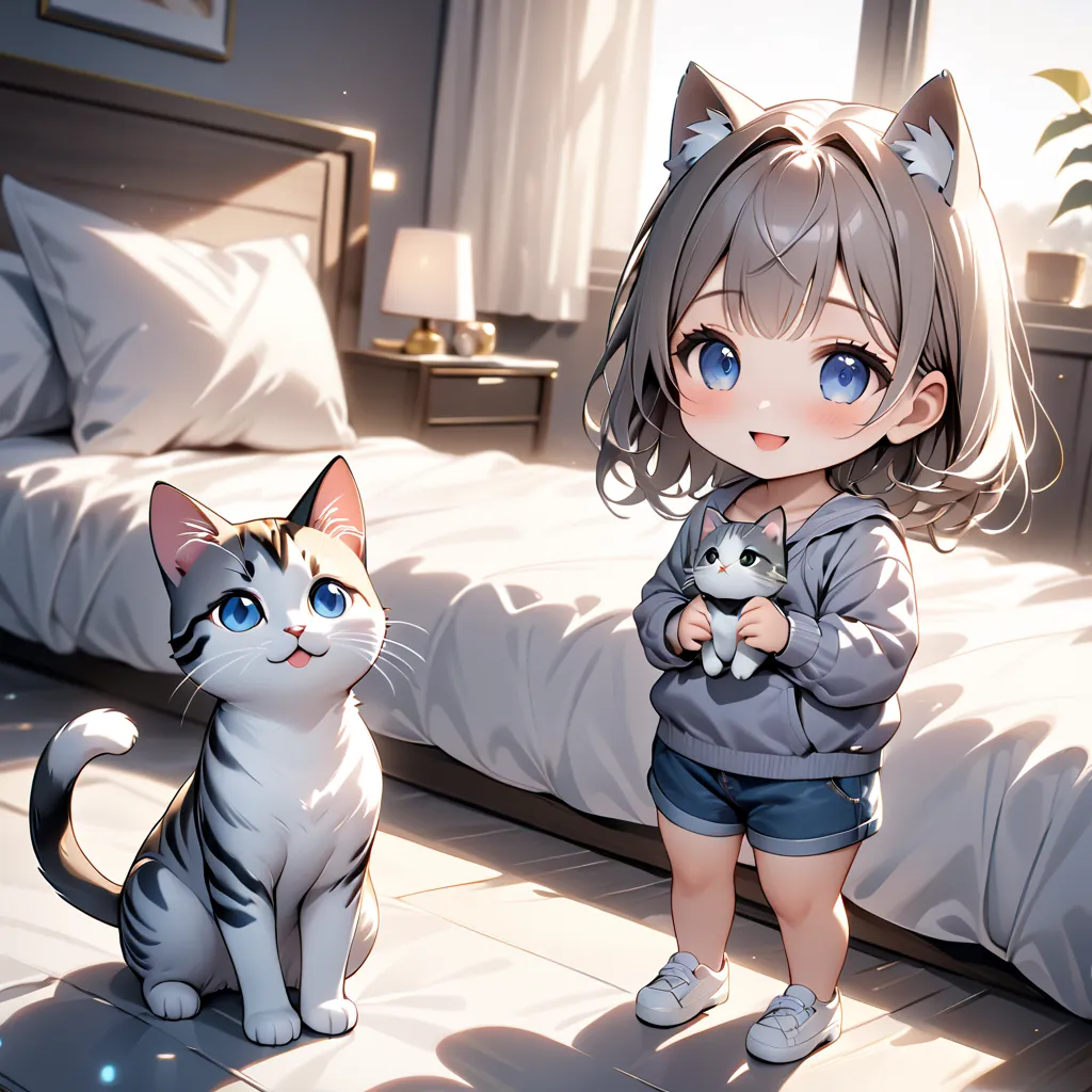 (masterpiece), (ultra-detailed:1.3), best quality, clear focus, dramatic scene, cinematic, shadow, (ultra-high resolution:1.3), (8k:1.3), perfect anatomy, perfect face, (detailed face), (detailed eyes:1.0), (chibi:1.2), a giant cat is standing with a cute ...