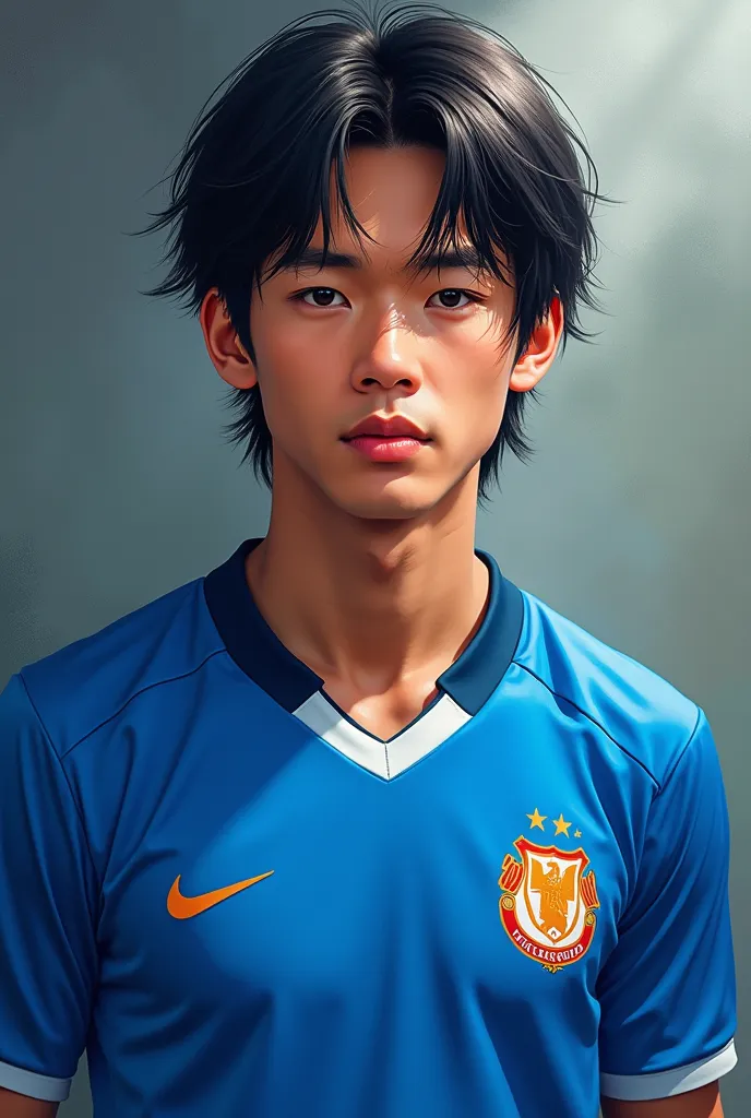 Long-haired Chinese guy with a blue soccer shirt