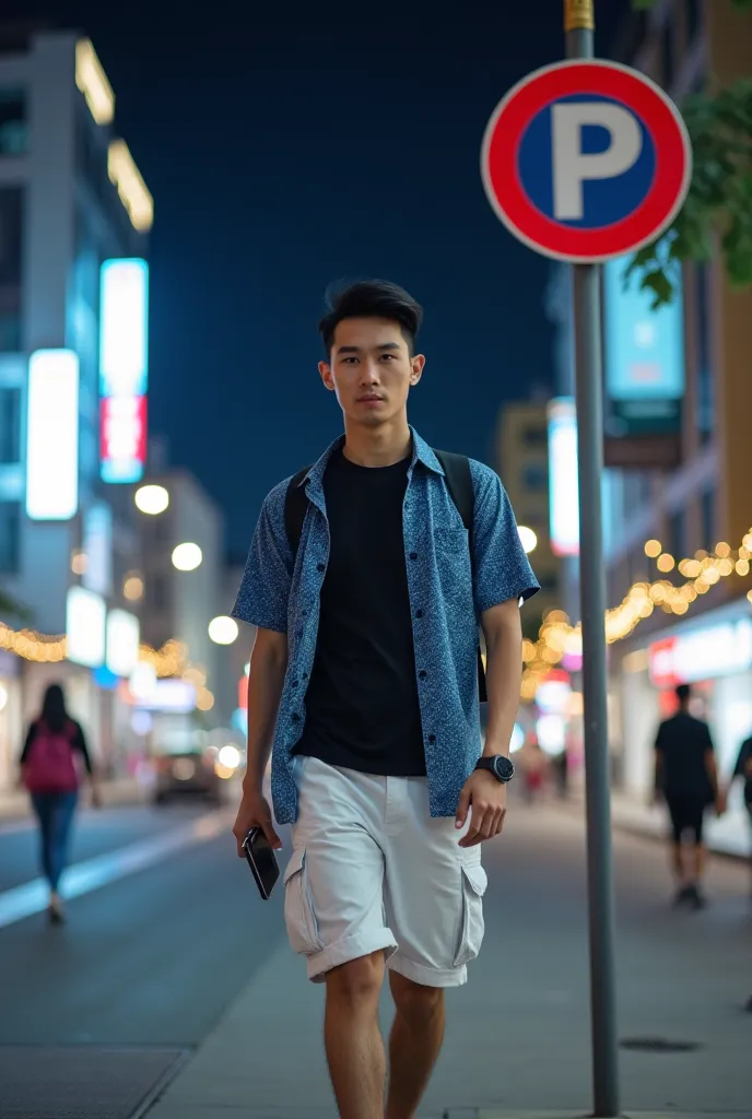 Professional photo shows a handsome, clean-haired, white-faced Asian man in 20 years wearing a black T-shirt layered over a blue box motif casual shirt, wearing white short cargo pants and blue sneakers holding a mobile phone, being pose walking under a ro...