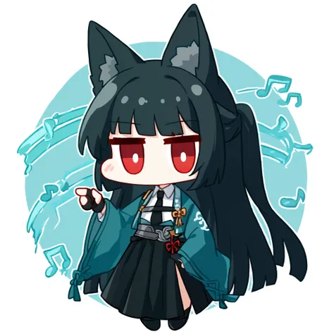 1girl, chibi, miyabihoshimi,animal ear fluff, animal ears, black hair, bright pupils, fox ears, fox girl, half updo, long hair, red eyes, sidelocks, white pupils, asymmetrical gloves, black gloves, black necktie, black skirt, blue jacket, collared shirt, f...