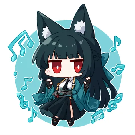 1girl, chibi, miyabihoshimi,animal ear fluff, animal ears, black hair, bright pupils, fox ears, fox girl, half updo, long hair, red eyes, sidelocks, white pupils, asymmetrical gloves, black gloves, black necktie, black skirt, blue jacket, collared shirt, f...