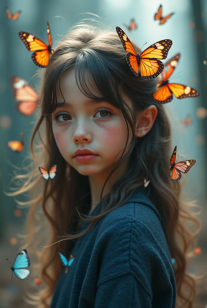 (photorealism:1.2), Peaceful cute girl with so many butterfly on her hair, looking to viwers, wearing darkblue sweater so cute and colorfull cinematic cyber punk