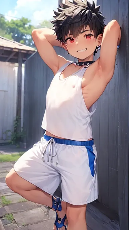 (shota:1.5), (baggy white tank top:1.5), ((blue short pants)), (thumbs up), (((best quality))), (((masterpiece))), (ultra detailed), (skinny:1.5), (spiked hair), wind blowing, black hair, wine red eyes, ((raised arms)), ((smiling)),  ((earings)), blue sky,...