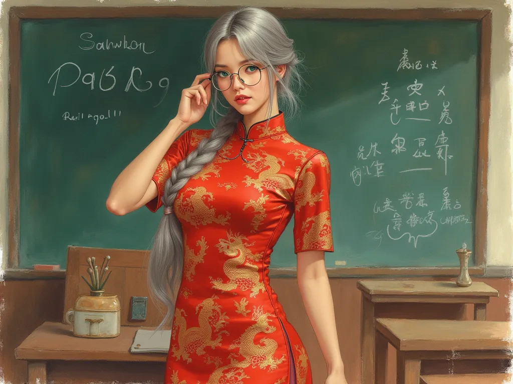 the detailed proportions and textures brushed multicolored and softened with airbrush, a semi-realistic Chinese ink illustration A young and sexy girl type school teacher is shown wearing a traditional Qipao dress (highly detailed full body and shy pose, p...