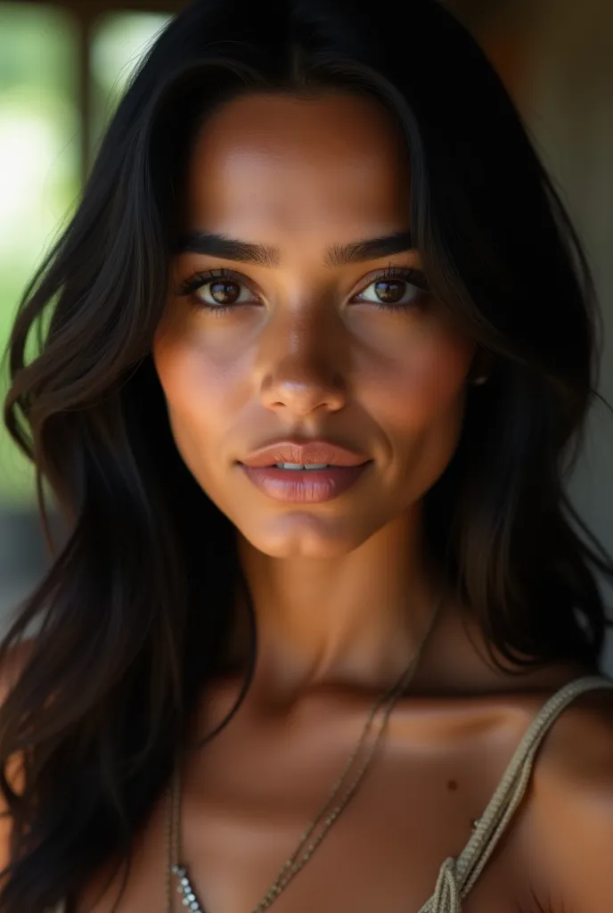 Realistic image, 25-year-old Brazilian woman with a Latin appearance with straight black hair and indigenous appearance, brown eyes 