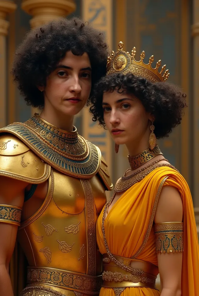 I have fair skin, brown eyes, short curly hair with a crown and gold armor next to Queen Cleopatra. 