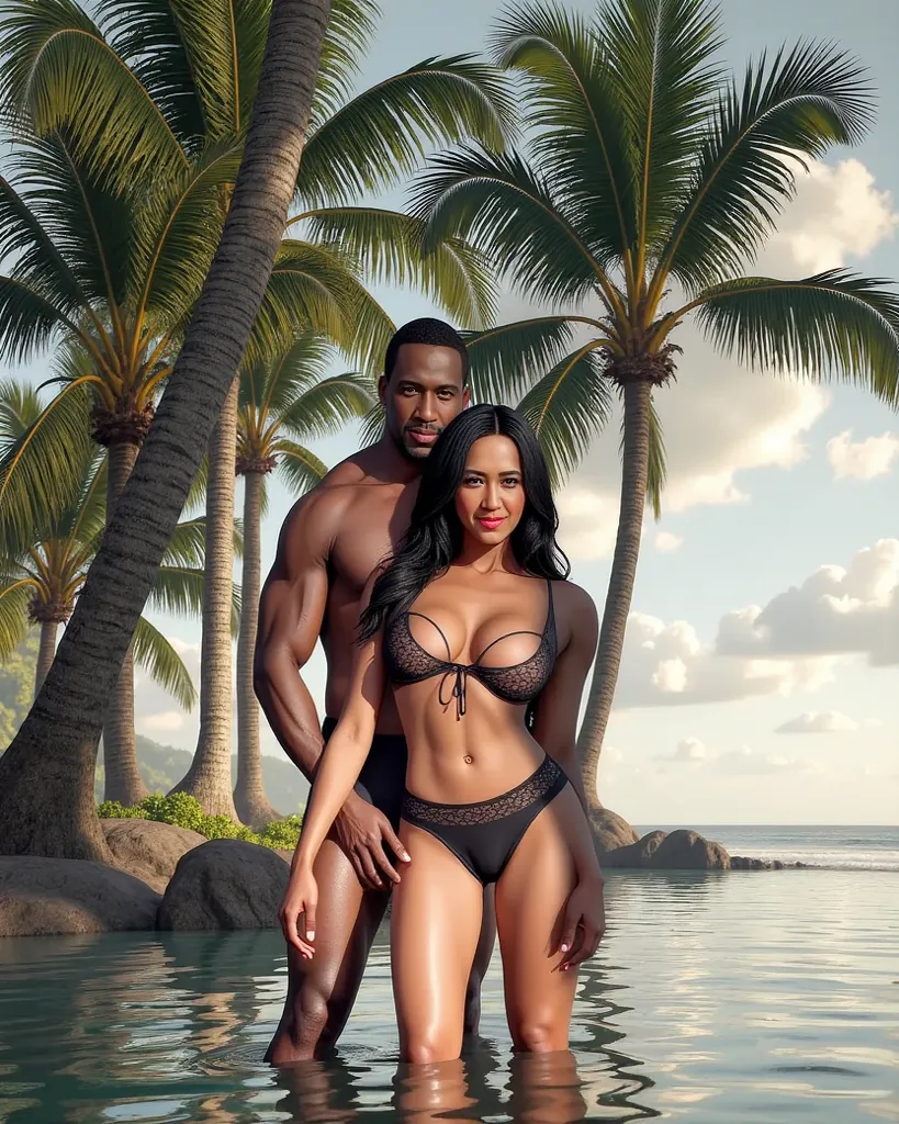 sexy suks in bikini, with insanely sexy muscular african man, detailed facial features, confident posture, alluring expression, toned abs, muscular arms, glowing sun-kissed skin, tropical beach background, golden sunset lighting, ocean waves, palm trees, p...