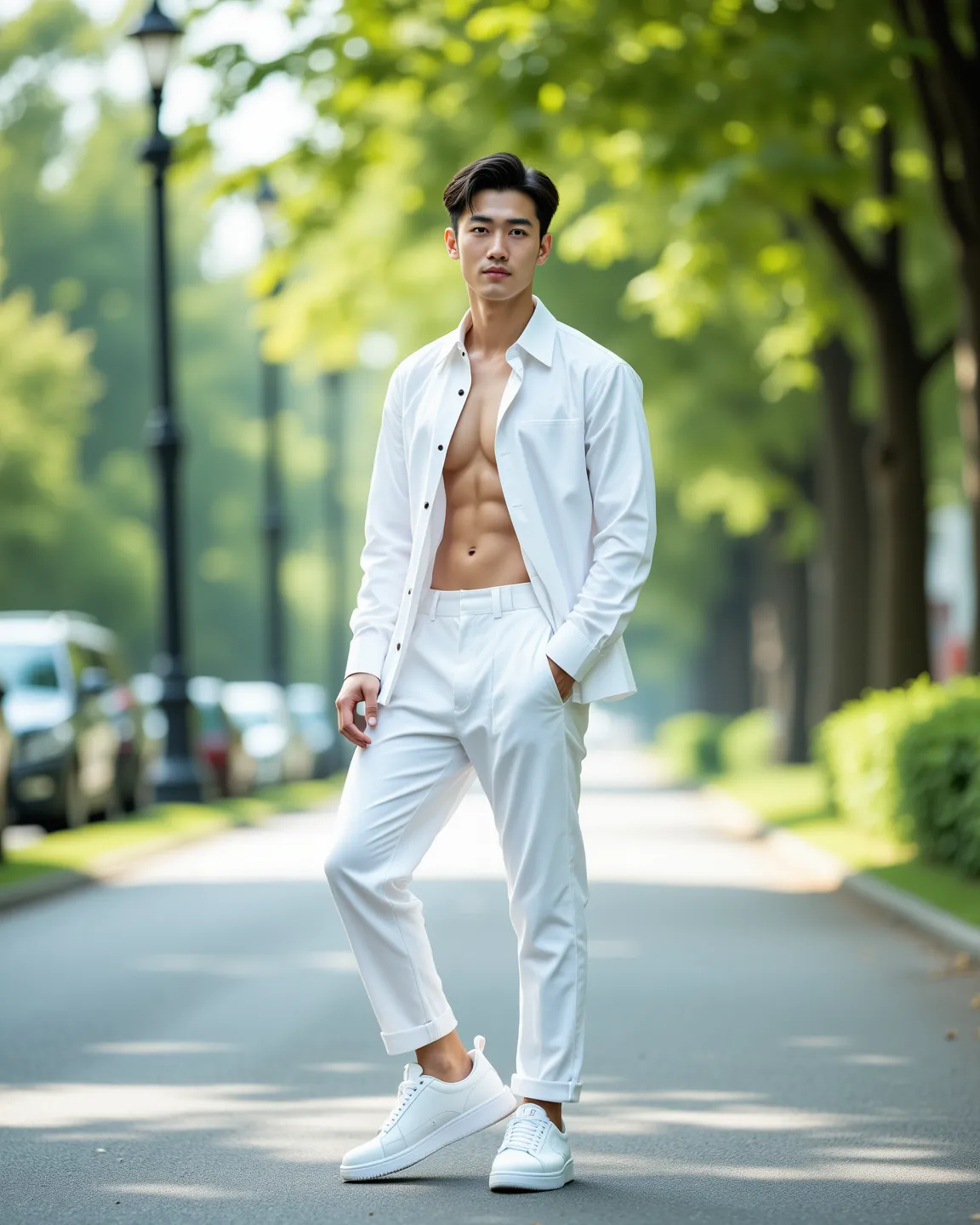 high quality,Perfect,exquisite,professional,White shoes worn by Chinese male stars,white clothes,eight pack abs,Confident expression,Charming,striking,Figure Skinny ,Fashion,Fashion雜誌,Sunny Outdoor Scene,Natural Light,4k HD,Super Realistic,Colorful ,Depth ...