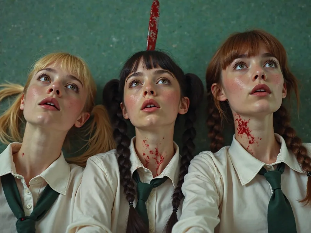 Generate HD image photograph of 3 heads of 18-year-old Russian women,  cut, with blood, open-mouthed, expression of shock, Open Eyes, strabismus, Blood on a classroom desk, decapitated bodies wearing schoolgirl's uniform, white shirt with green tie, lookin...