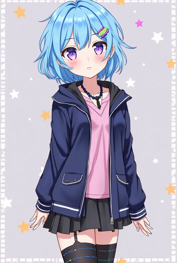 A girl with short neon blue hair, blue hair clip, light purple galaxy eyes, wearing a pink shirt inside, a dark blue jacket without a zipper, a black necklace, a black miniskirt, black knee high socks, a black thigh high garter, and black and white shoes