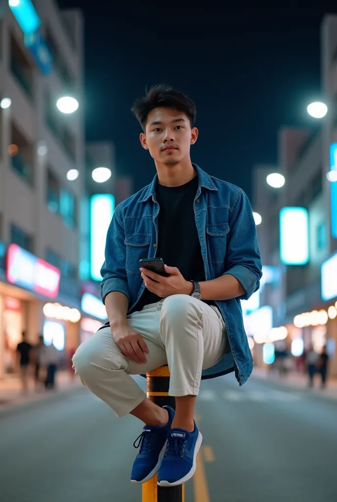 Professional photo shows a handsome, clean-haired, white-faced Asian man in 20 years wearing a black T-shirt layered over a blue box motif casual shirt, wearing white short cargo pants and blue sneakers holding a mobile phone, Being in a pose sitting on a ...