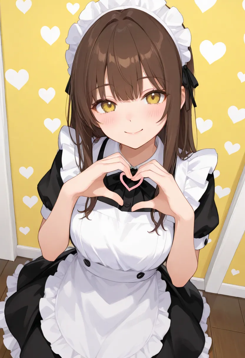 (masterpiece , top quality ,  exquisite,8k, absurd),(748cmstyle),Smiling Maid,blush,Heart sign,(high angle),brown hair,long hair,yellow eyes,wears a maid costume,Yellow background, heart pattern background