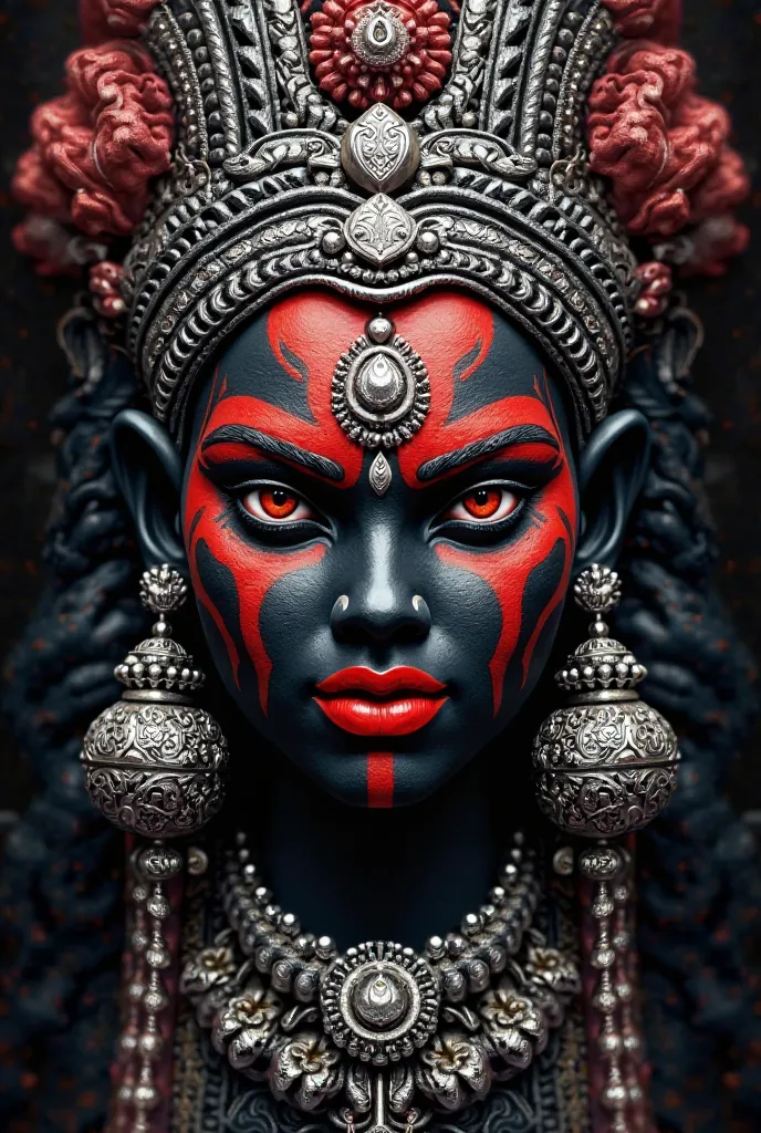 "Create a Ulsavam badge featuring a fierce Theyyam-shaped Kali with a balanced expression of power and grace. The face should be predominantly black with intense red accents highlighting the eyes, lips, and forehead markings. Adorn Kali with intricate silv...