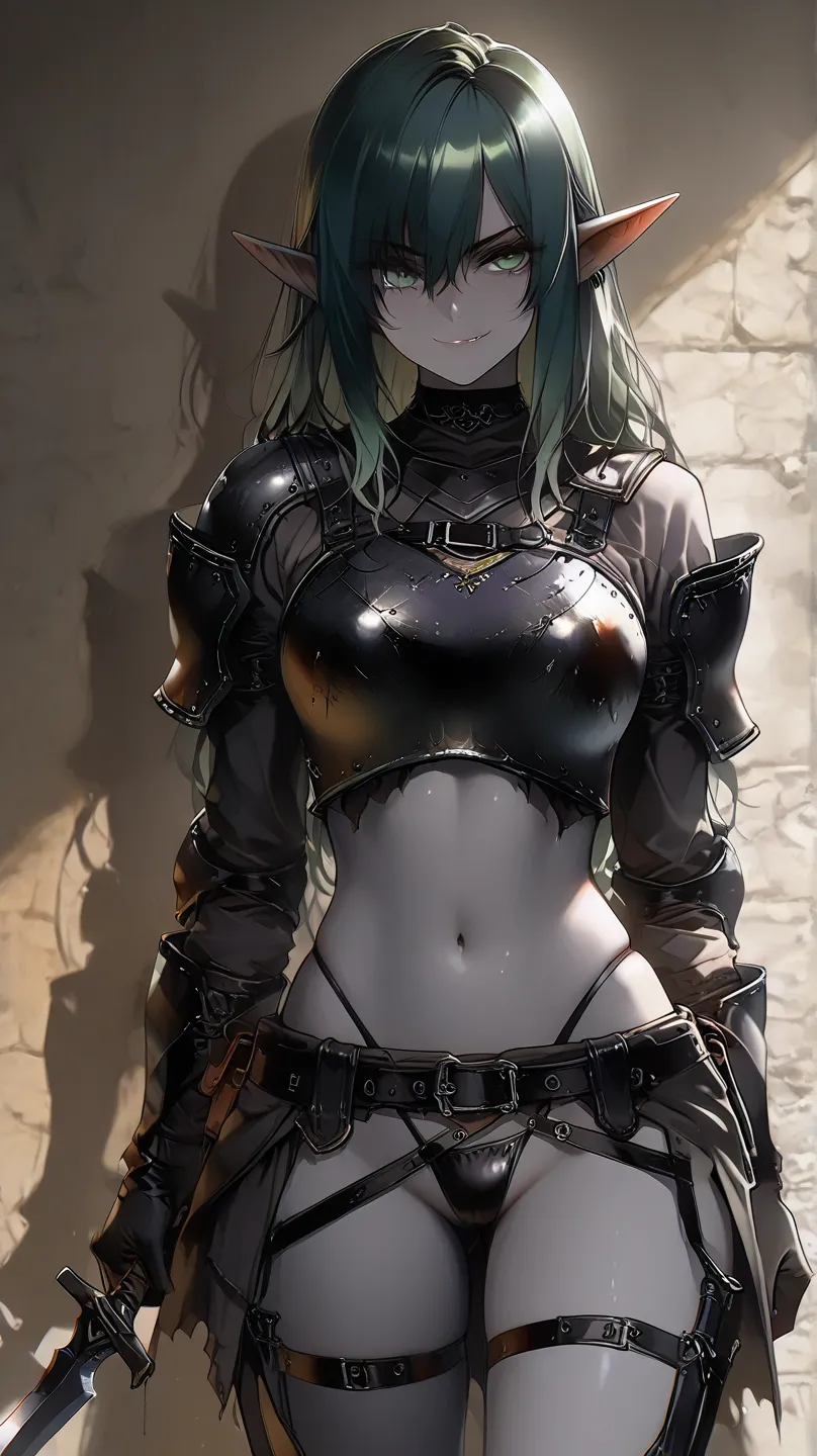 A female dark elf with dark-gray skin, and dark-green hair with white tips, wearing black leather bdsm straps and a thong, wearing a ((ragged dark-purple waist armor fauld)), holding a dagger, predatory smirk expression, ultra detailed, absolutely resoluti...