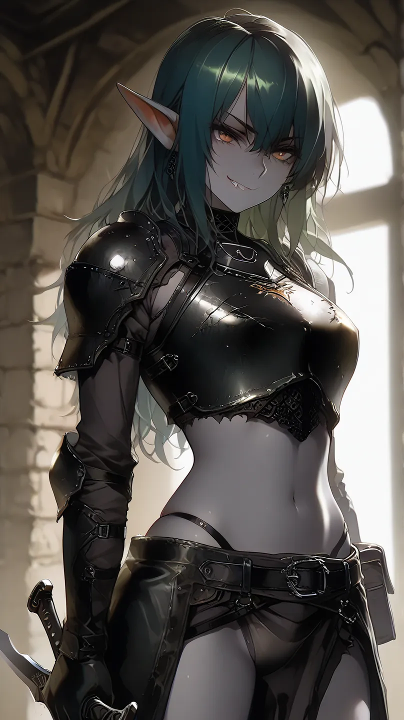 A female dark elf with dark-gray skin, and dark-green hair with white tips, wearing black leather bdsm straps and a thong, wearing a ((ragged dark-purple waist armor fauld)), holding a dagger, predatory smirk expression, ultra detailed, absolutely resoluti...