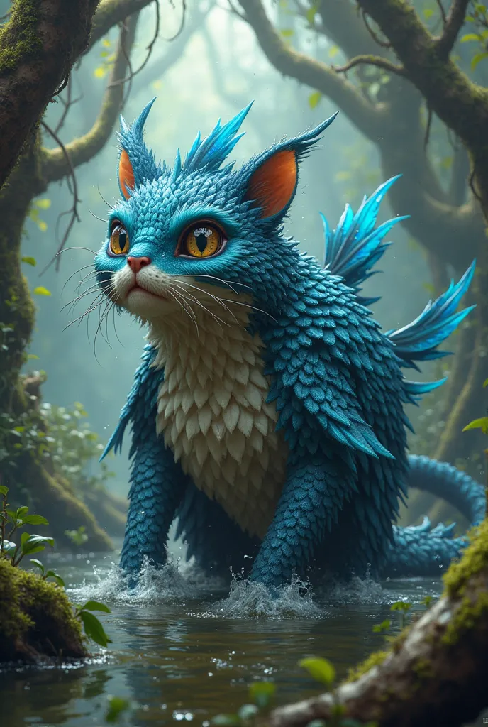 Create a cat with chunks, Blue fins and feathers that live in a swamp